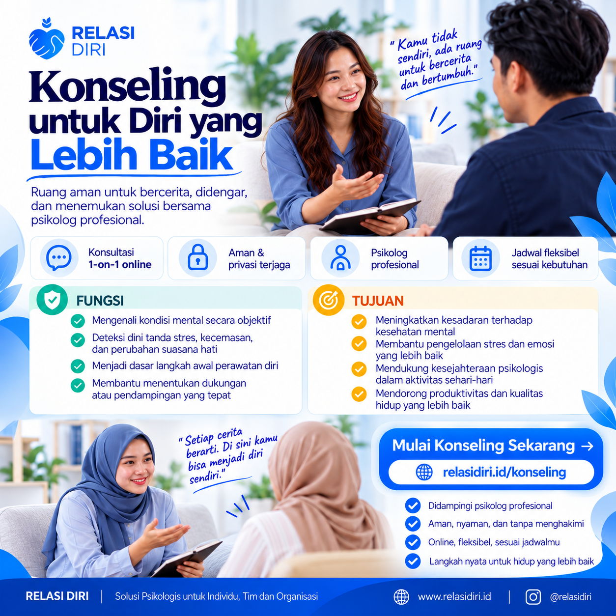 Konseling untuk diri yang lebih baik. Ruang aman untuk bercerita, didengar, dan menemukan solusi bersama psikolog profesional. Konsultasi satu lawan satu secara online, privasi terjaga, jadwal fleksibel.