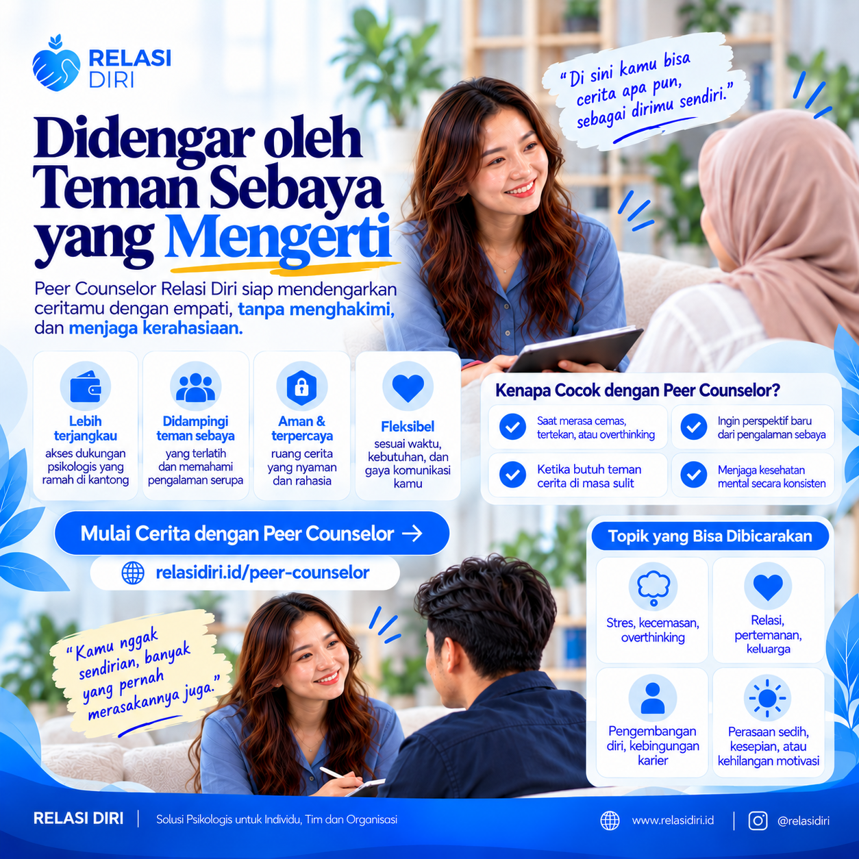 Didengar oleh teman sebaya yang mengerti. Peer Counselor Relasi Diri siap mendengarkan ceritamu dengan empati, tanpa menghakimi, dan menjaga kerahasiaan. Lebih terjangkau, didampingi teman sebaya terlatih, aman dan terpercaya, serta fleksibel sesuai waktu dan kebutuhanmu.