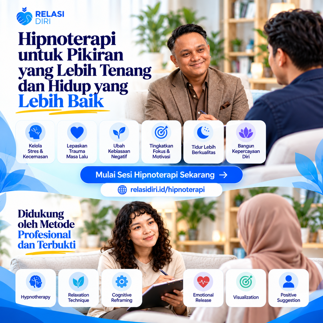 Hipnoterapi untuk pikiran yang lebih tenang dan hidup yang lebih baik. Membantu mengelola stres dan kecemasan, melepaskan trauma masa lalu, mengubah kebiasaan negatif, meningkatkan fokus dan motivasi, tidur lebih berkualitas, serta membangun kepercayaan diri, dengan metode profesional dan terbukti.